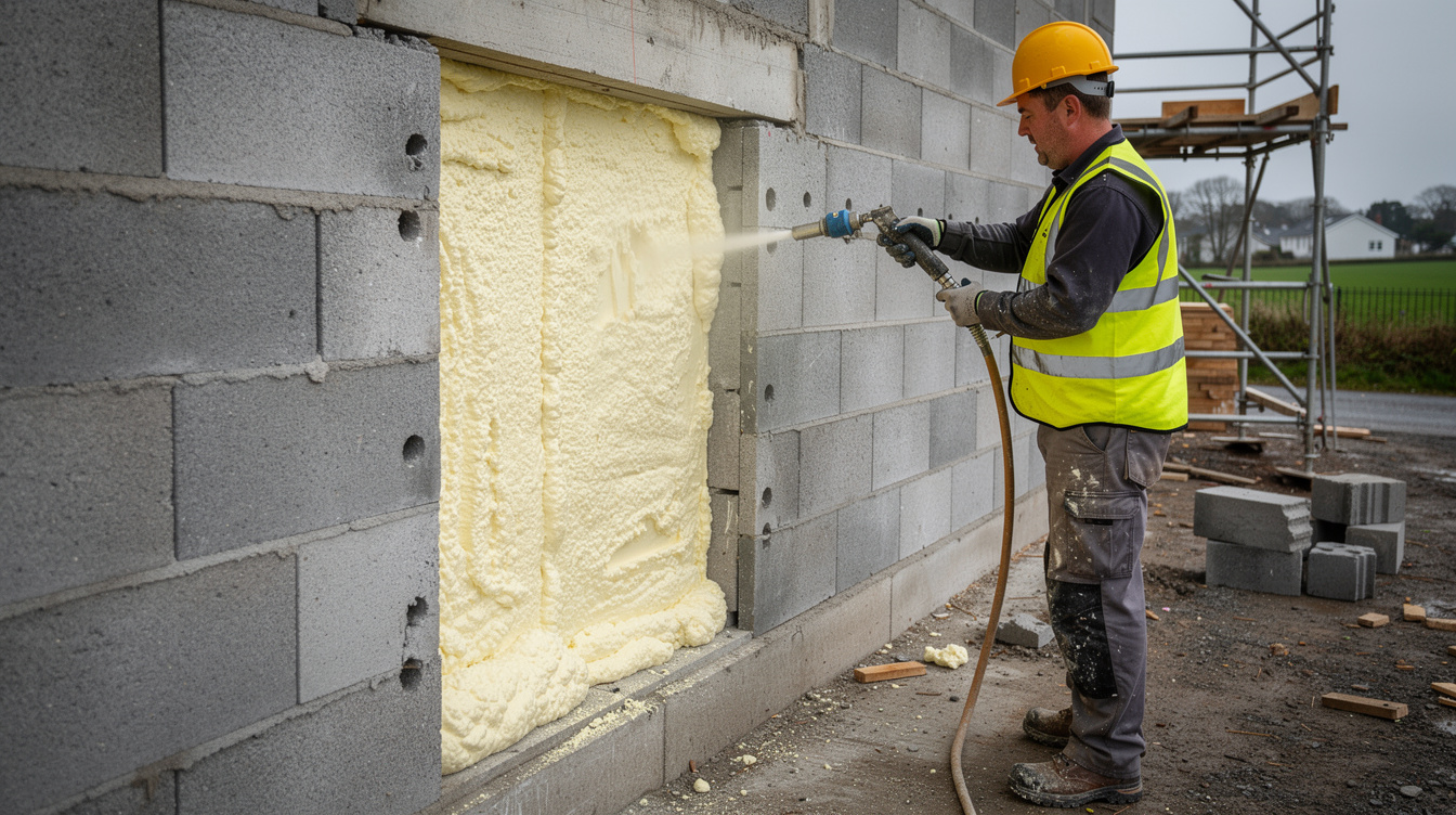 Cavity wall foam insulation being pumped into an Irish home under retrofit