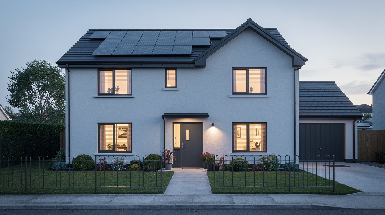 Modern semi-detached Irish home with solar panels on the roof, evening light