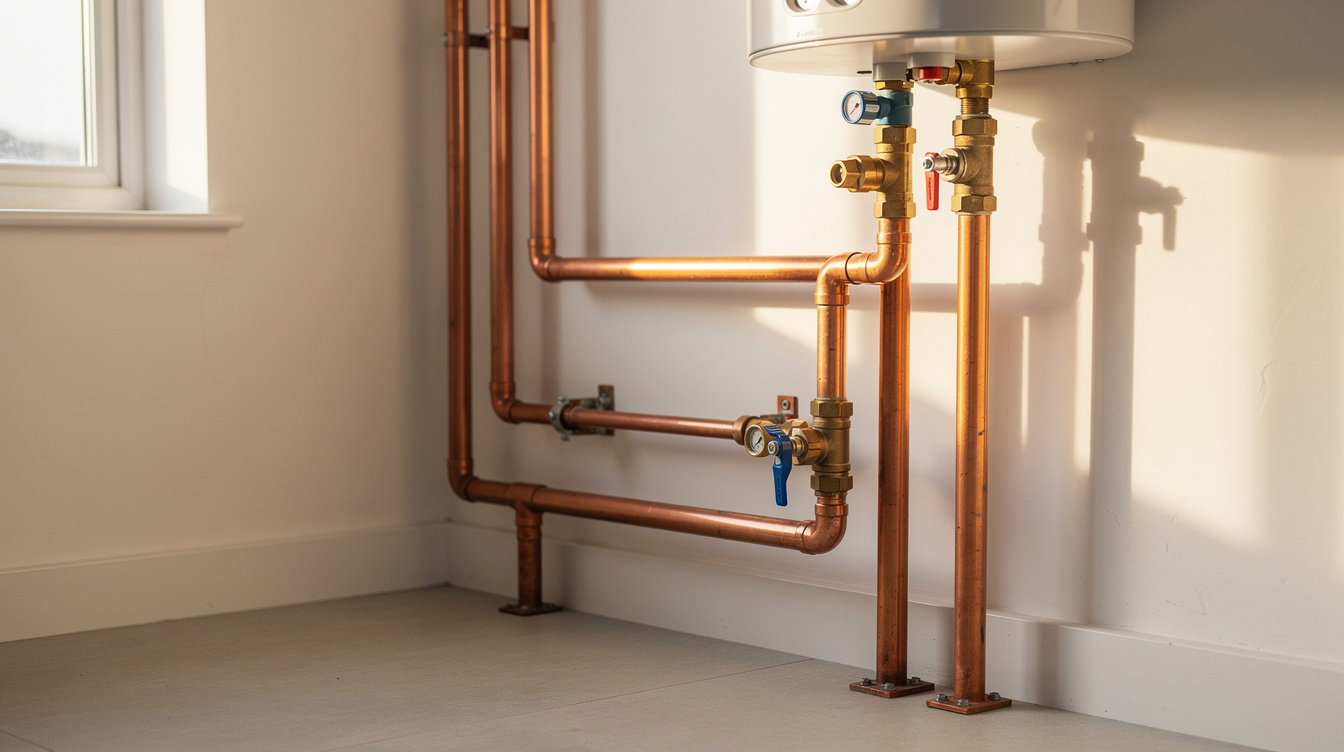 Modern hot water cylinder in an Irish utility room with a PV diverter unit installed on the wall