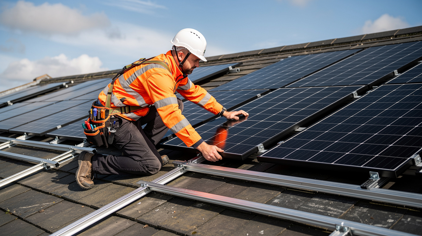 Irish installer fitting a black monocrystalline solar panel to aluminium mounting rails on a slate roof