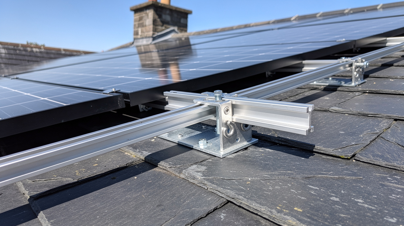 Close-up of solar panels mounted on Irish slate roof with aluminium rails and clamps