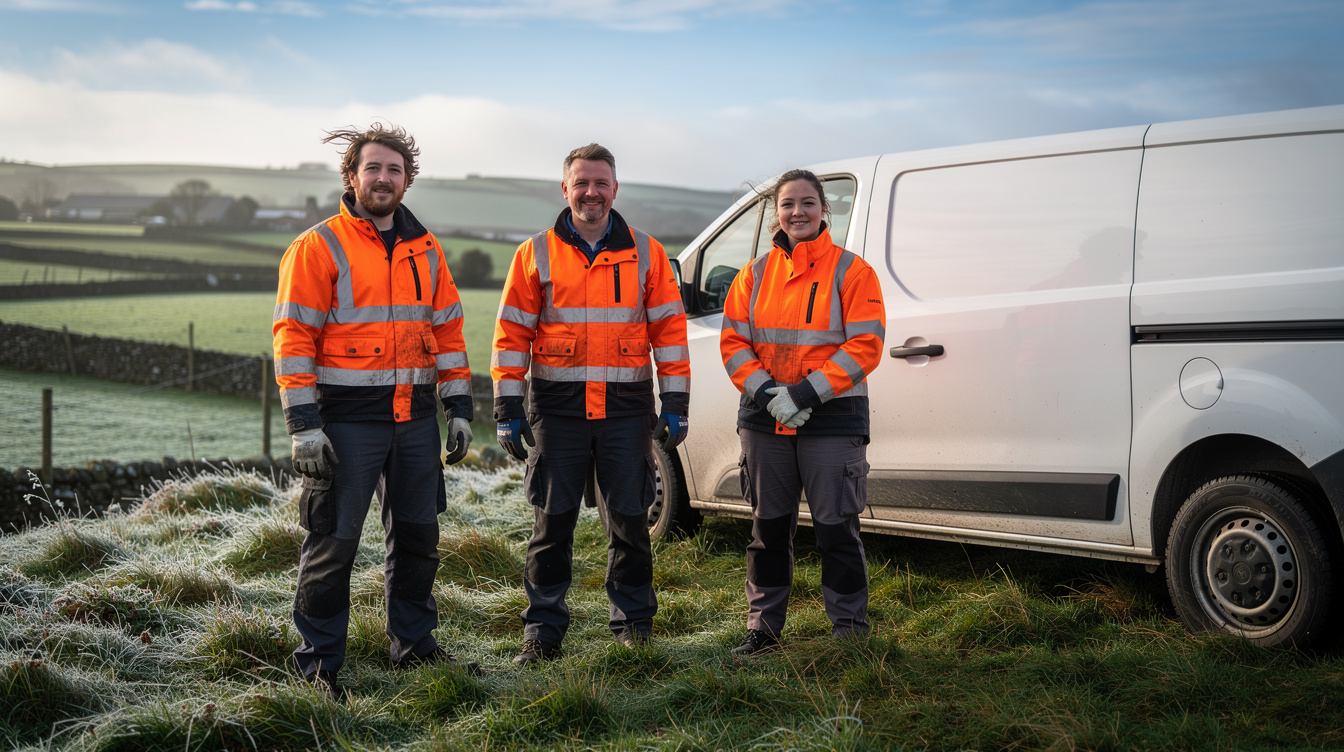 Solar installation crew in hi-vis jackets beside their work van in rural Ireland
