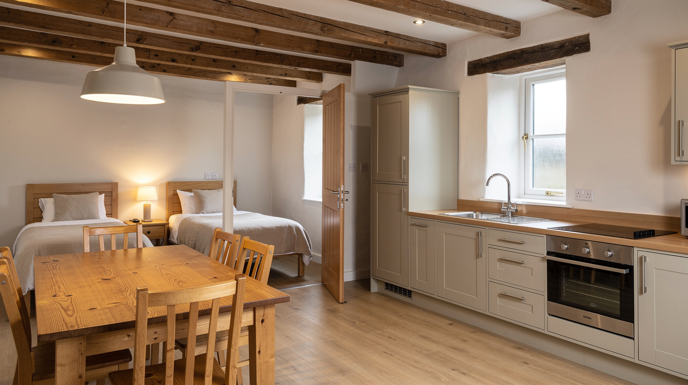 Interior of a self-catering cottage suitable for a solar installation crew in rural Ireland