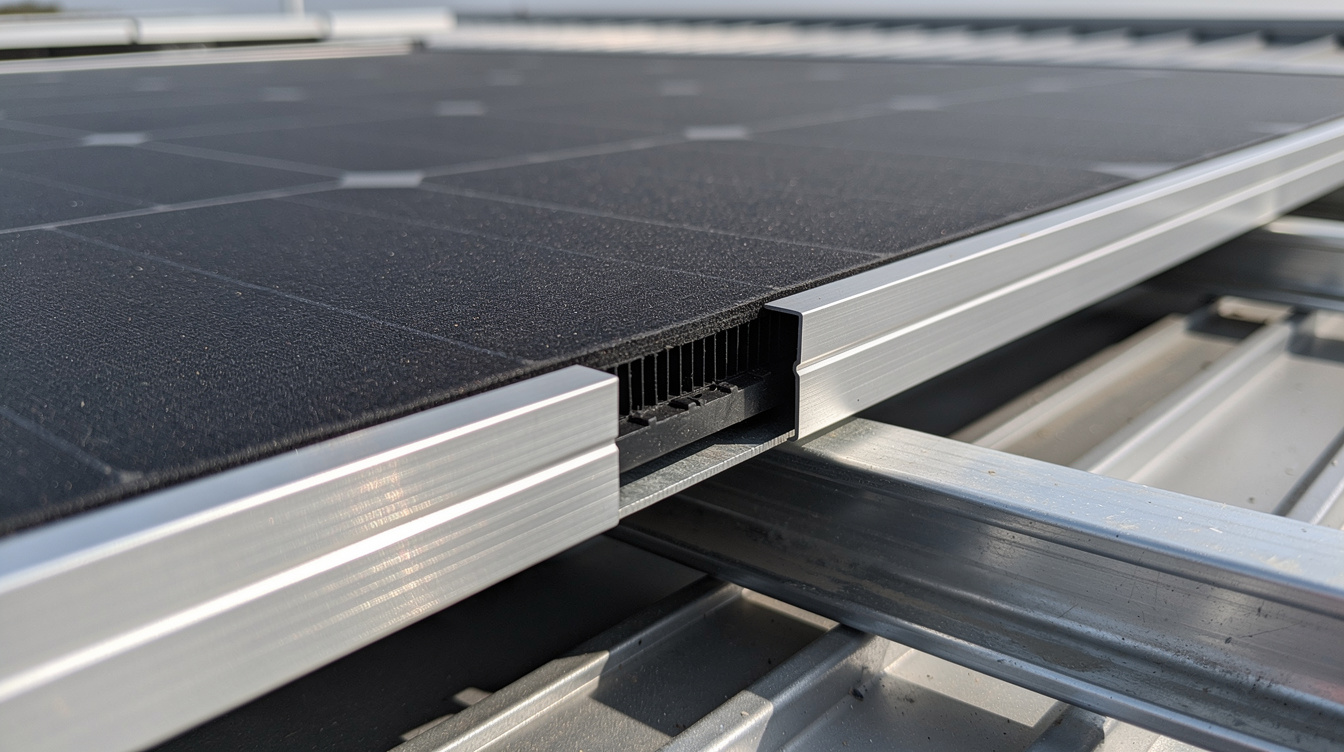 Detail of solar panel edge showing aluminum mounting rail and airflow gap below the panel