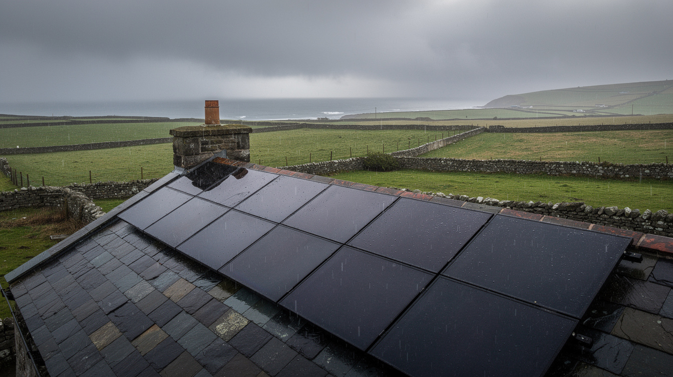 Solar panels on an Irish rural cottage roof under overcast diffuse light with the Atlantic in the distance
