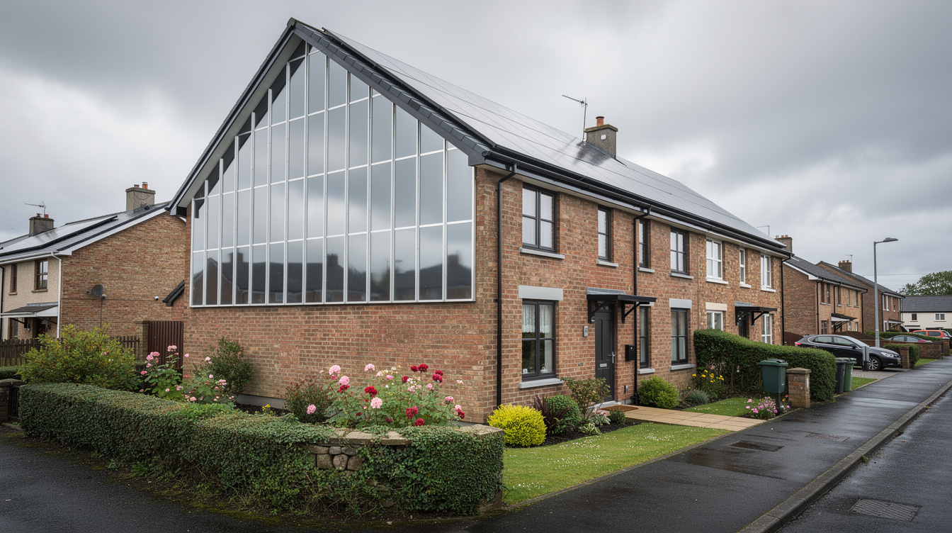 Irish semi-detached brick home with vertical bifacial solar array on the gable end wall