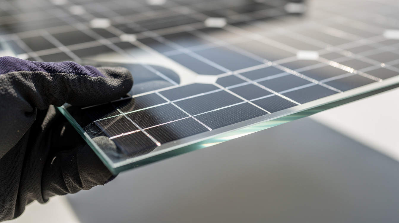 Close-up of bifacial solar panels showing front and rear glass