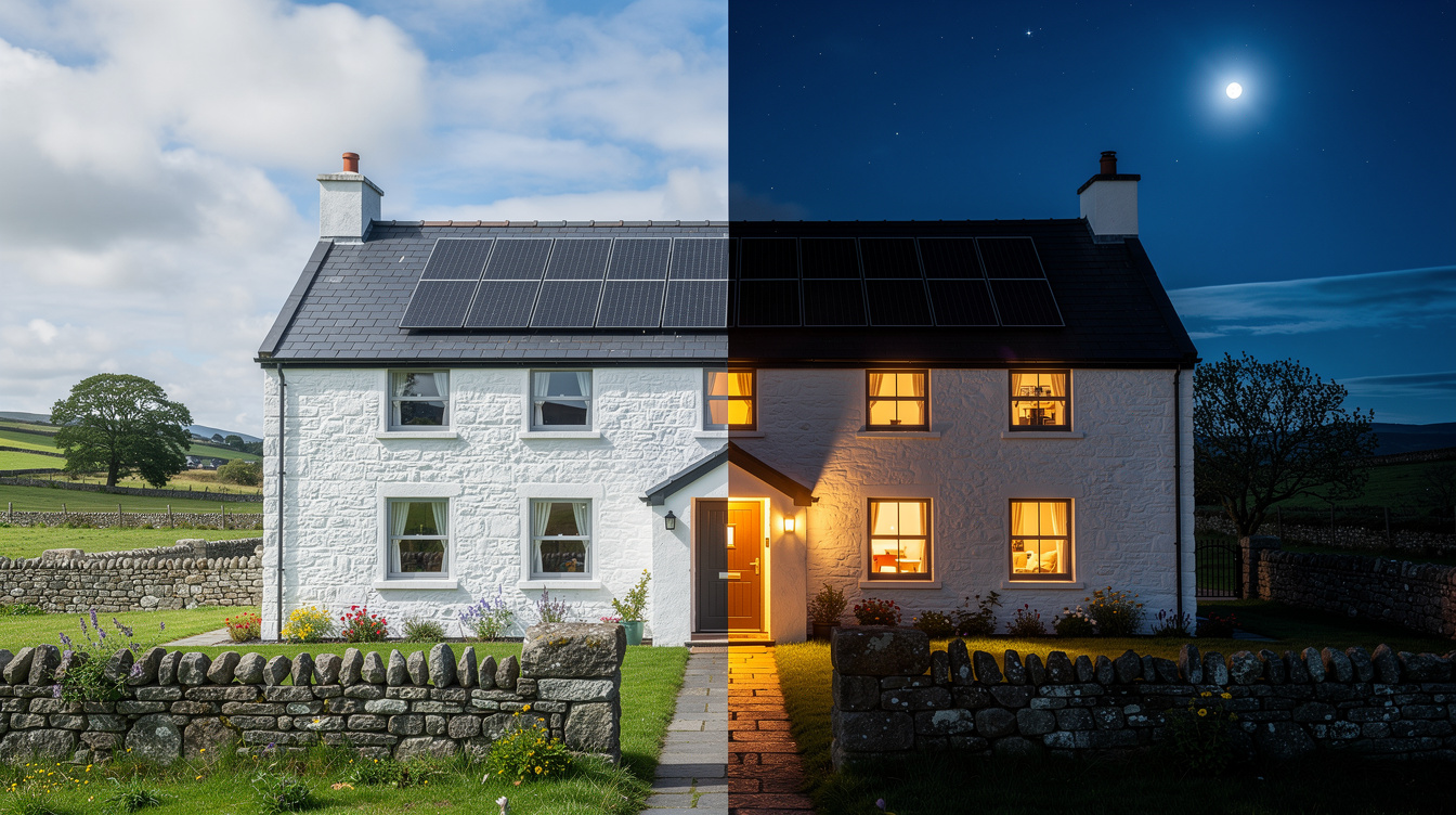 Irish house showing solar generation by day and battery power at night
