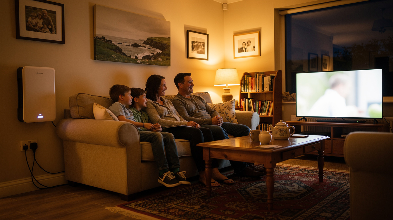 Irish family at home in the evening powered by stored solar energy from their battery