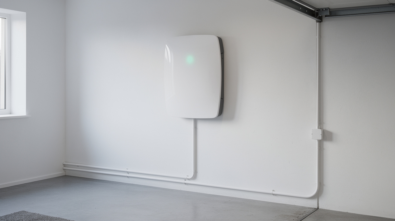 Sleek home battery storage unit installed on a garage wall in an Irish home