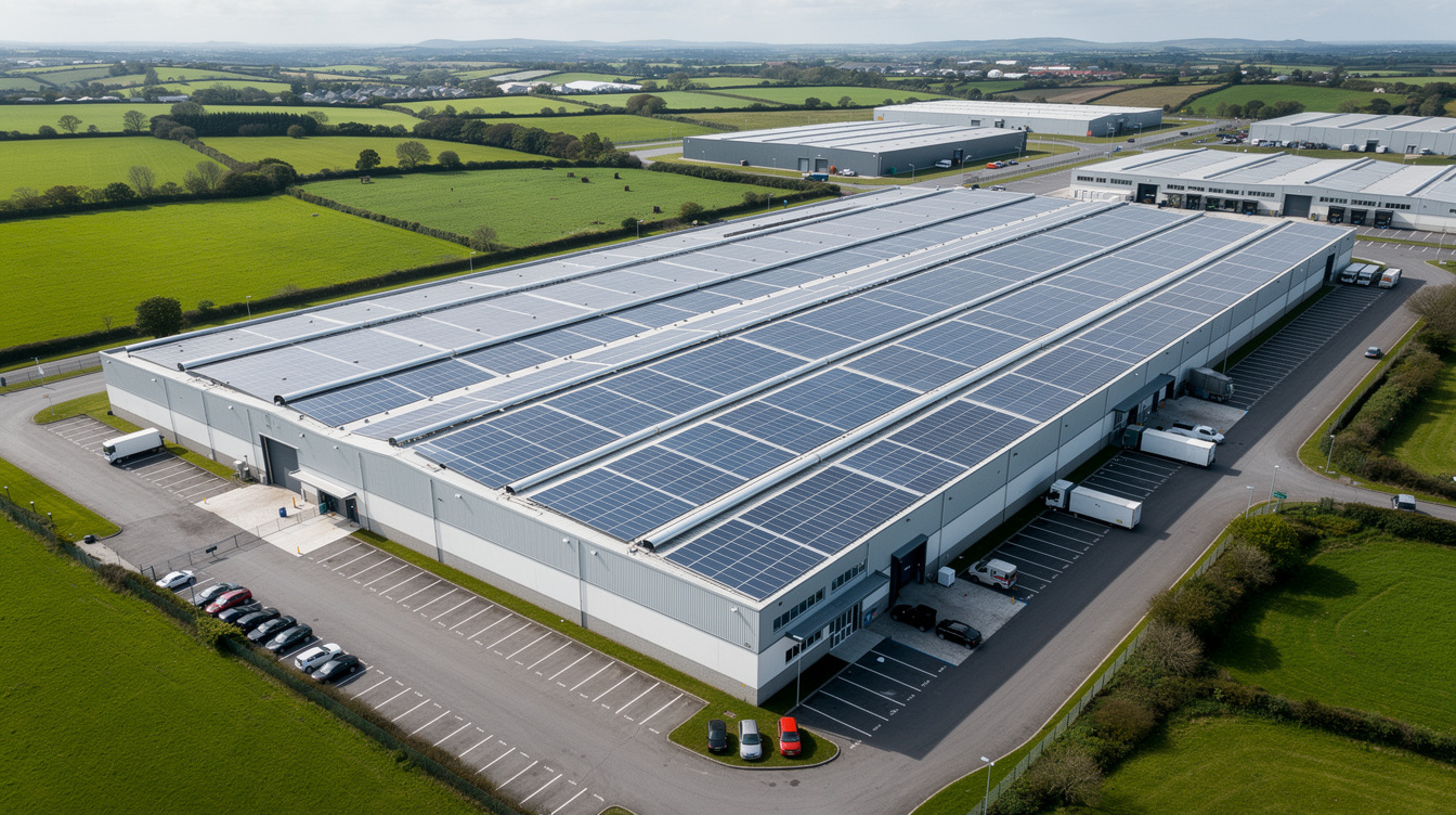 Large commercial solar panel installation on a warehouse roof