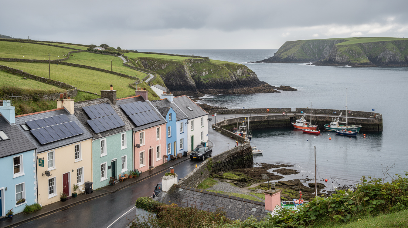 Coastal West Cork town with solar panels on roofs overlooking the harbour