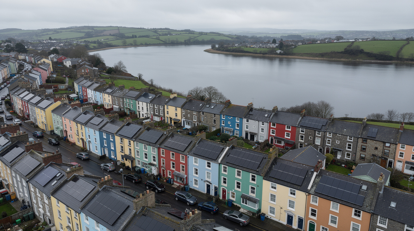 Aerial view of Cork city residential area with solar panels on colourful terraced houses