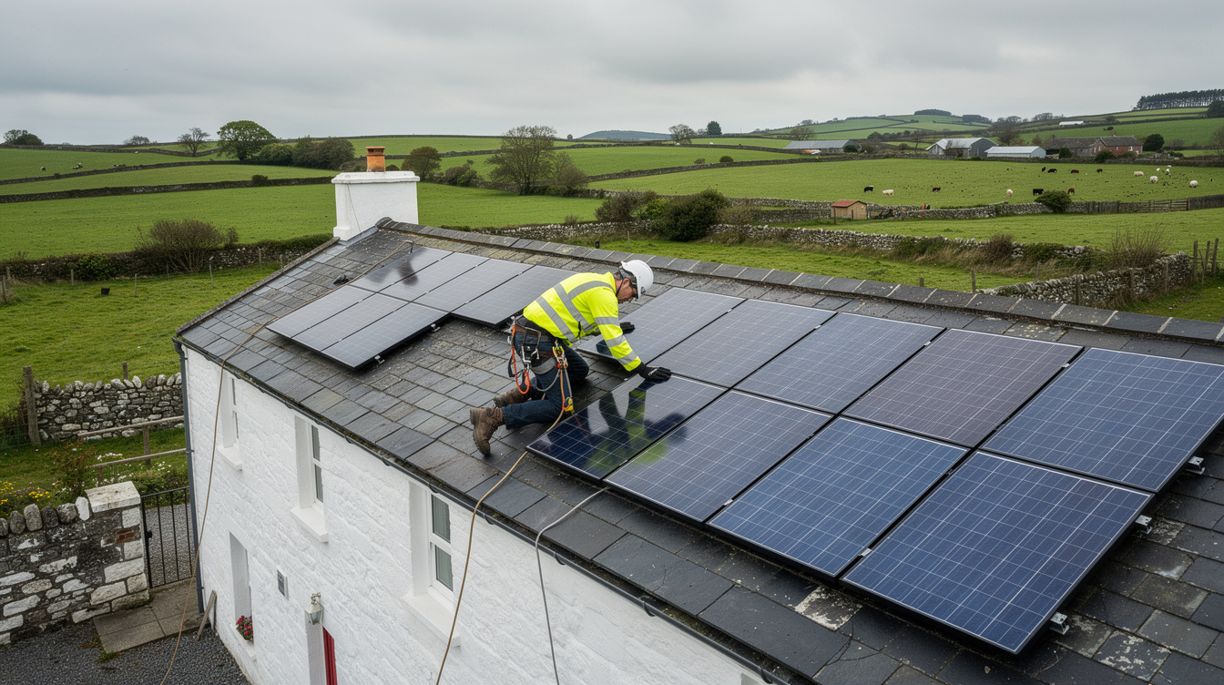 Solar panel installer working on a rural Cork farmhouse roof with green fields behind