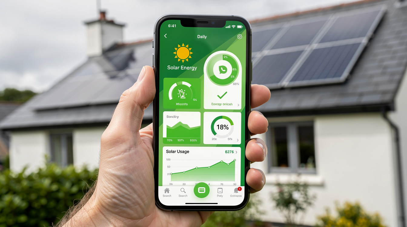 Smartphone showing solar monitoring app with generation data