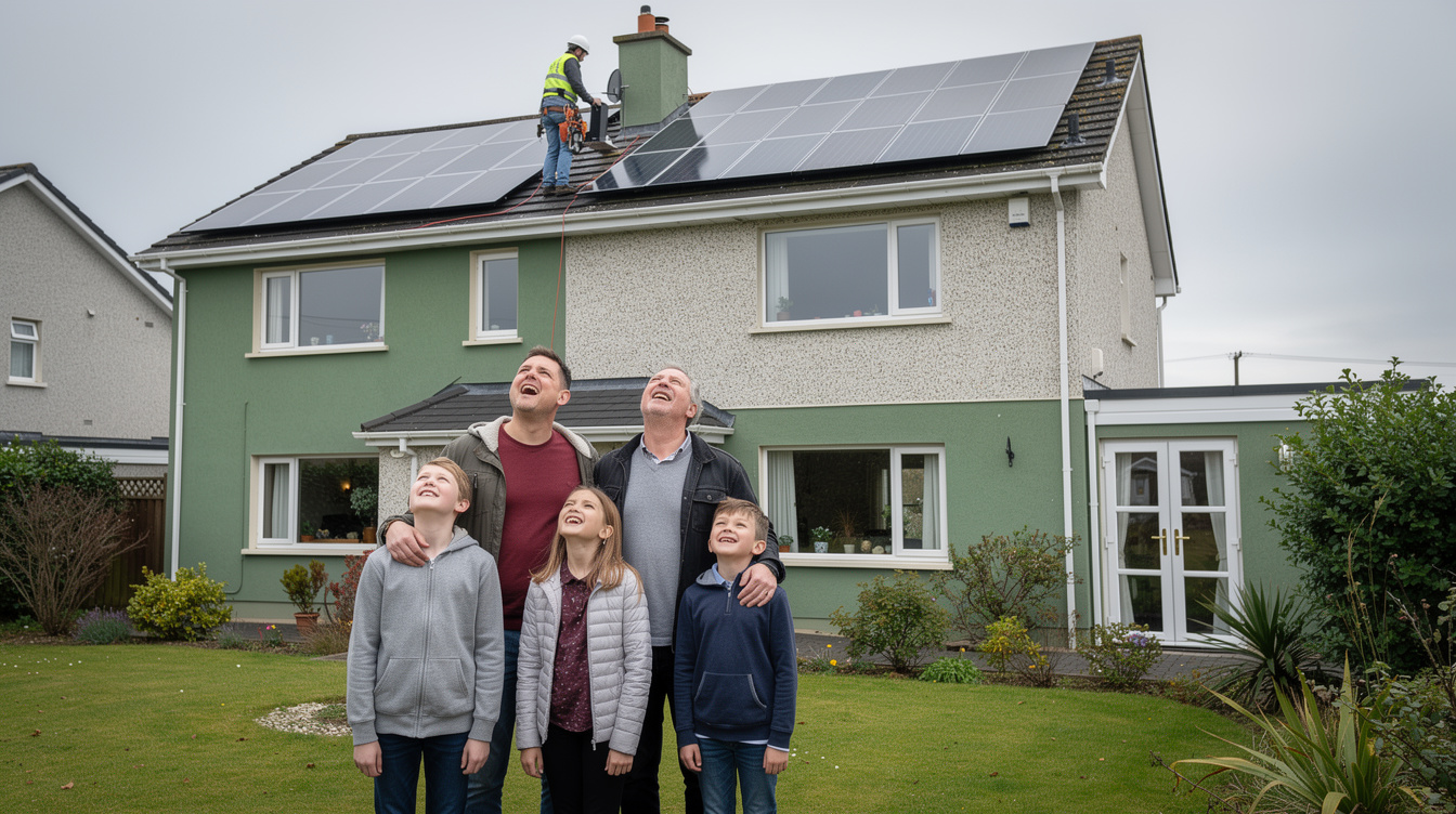Irish family watching solar panel installation on their home