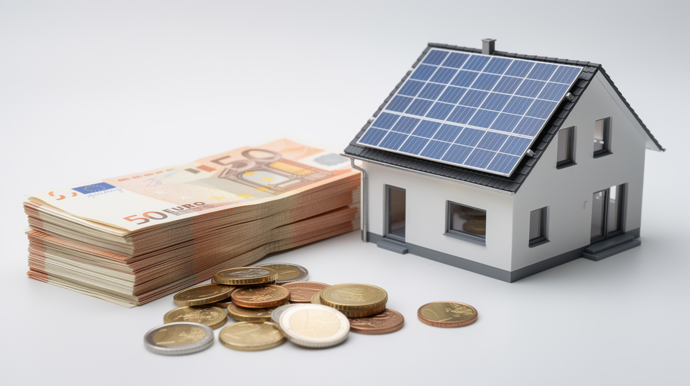 Euro currency next to miniature house with solar panels representing investment