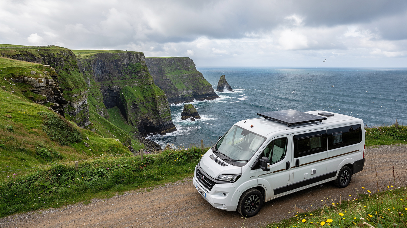 White campervan with solar panel on roof at a scenic Irish coastal location