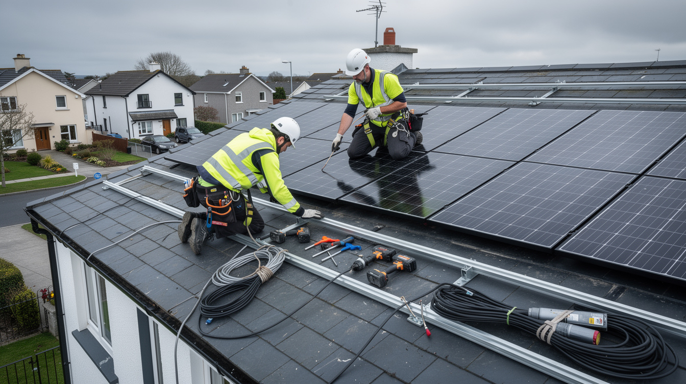 Professional solar installer team in safety gear working on an Irish house roof