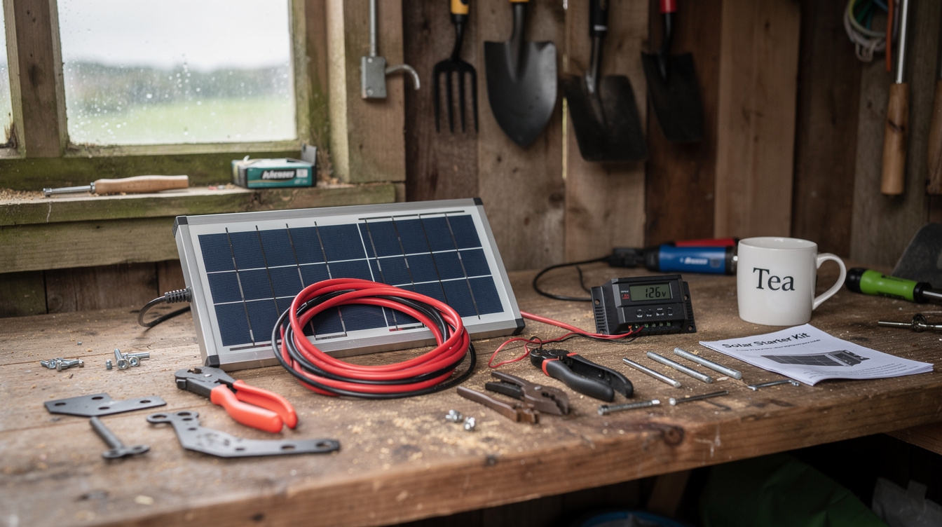 DIY solar panel kit laid out on a workbench in an Irish garden shed