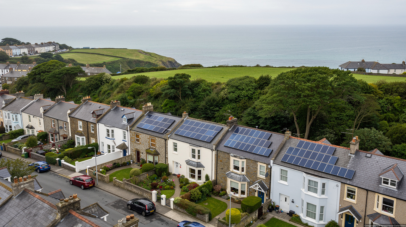 Coastal Dublin neighbourhood in Howth with solar panels on period homes overlooking the Irish Sea
