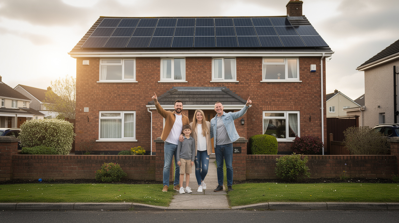 Happy Dublin family in front of their home with newly installed solar panels