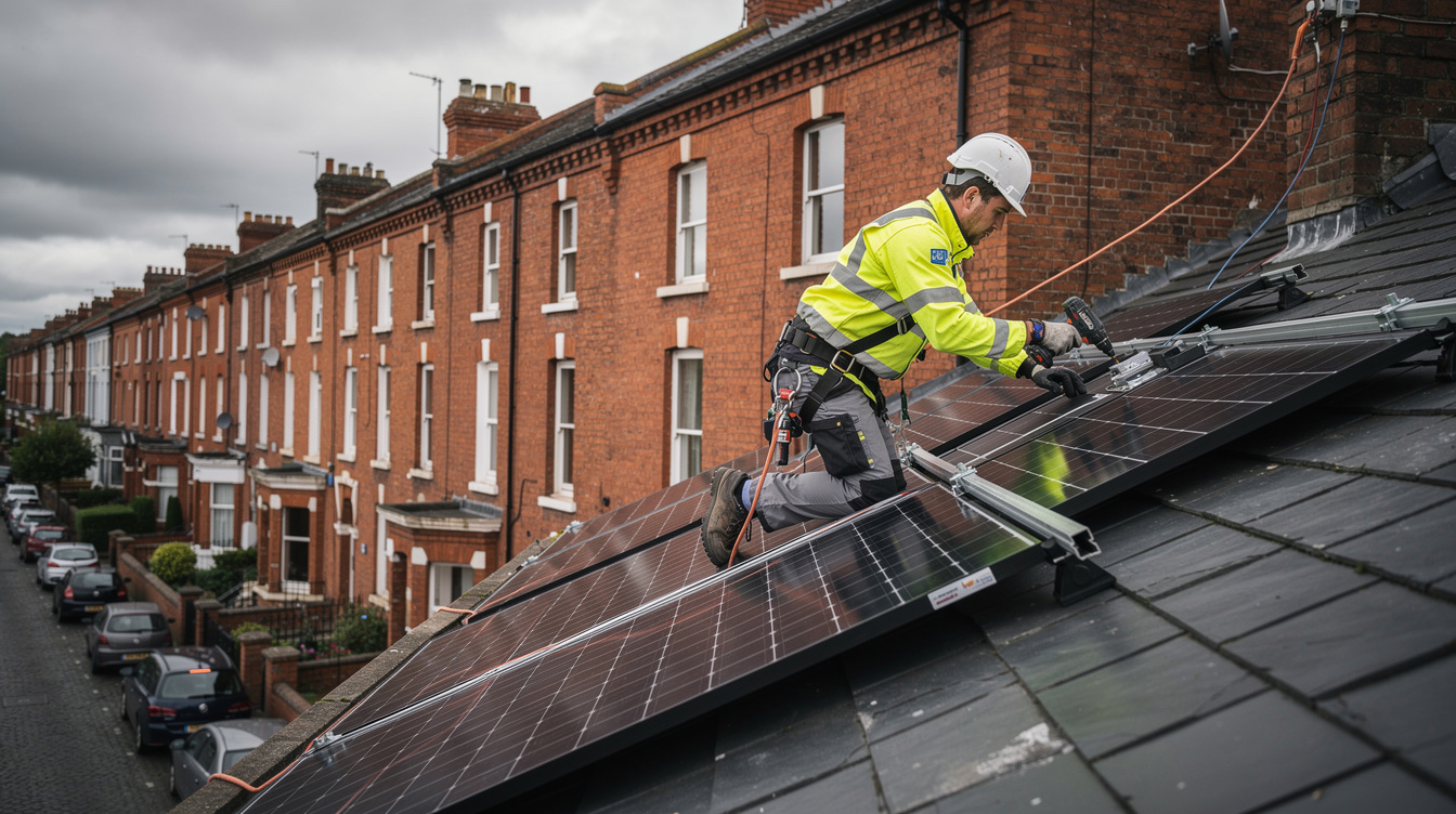 SEAI-registered installer fitting solar panels on a Dublin terraced house slate roof
