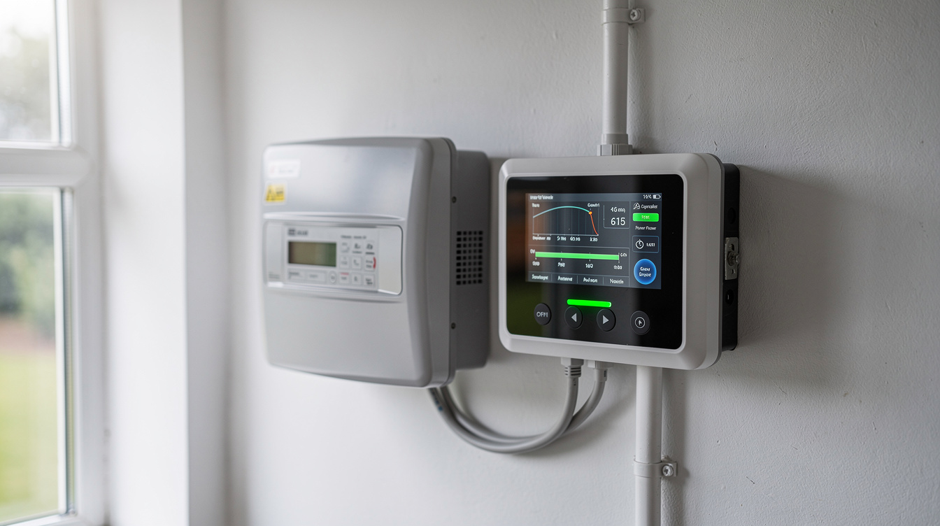 Solar inverter and smart meter display showing real-time energy generation in a Dublin home