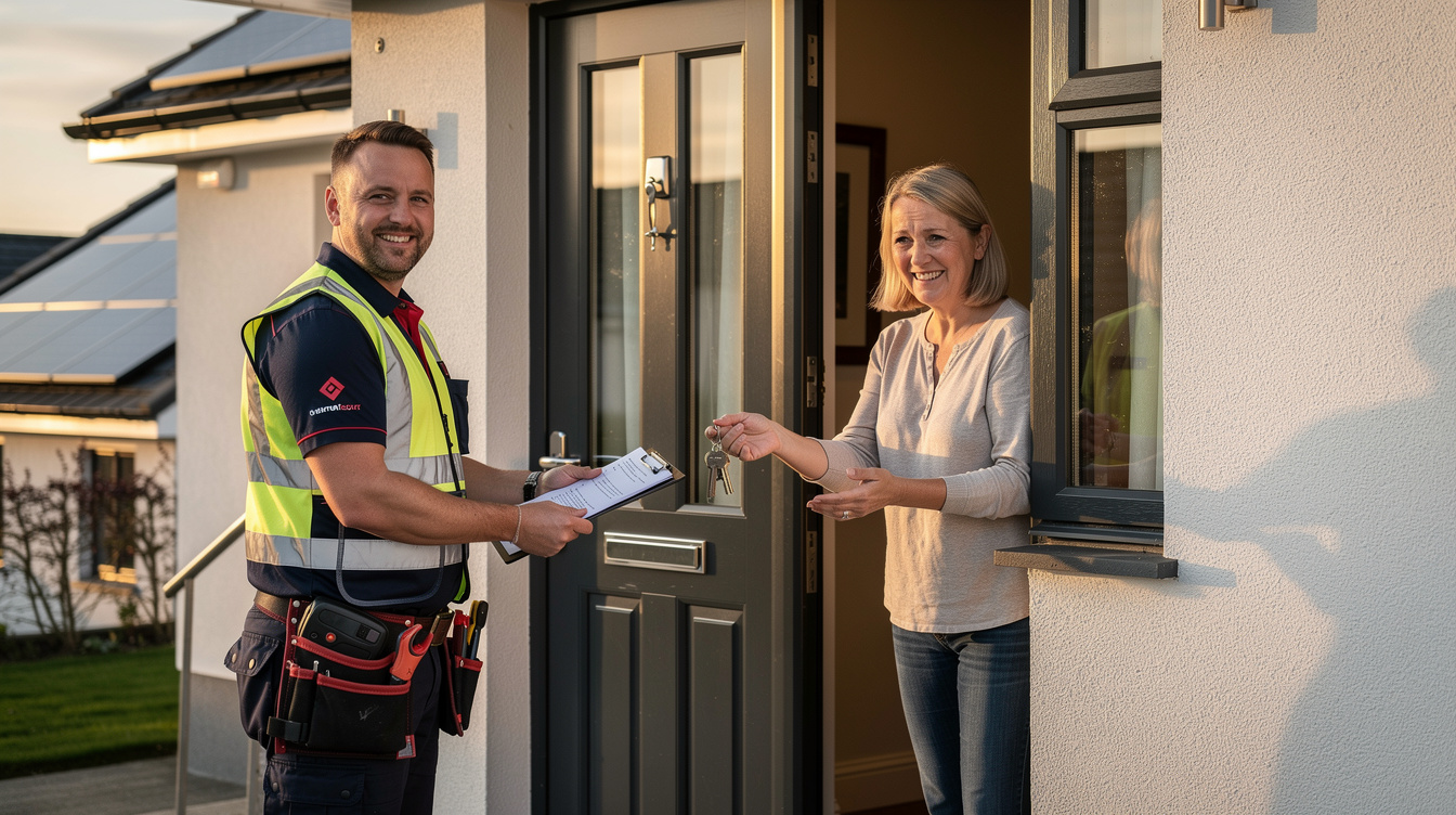Solar installer handing over paperwork to homeowner