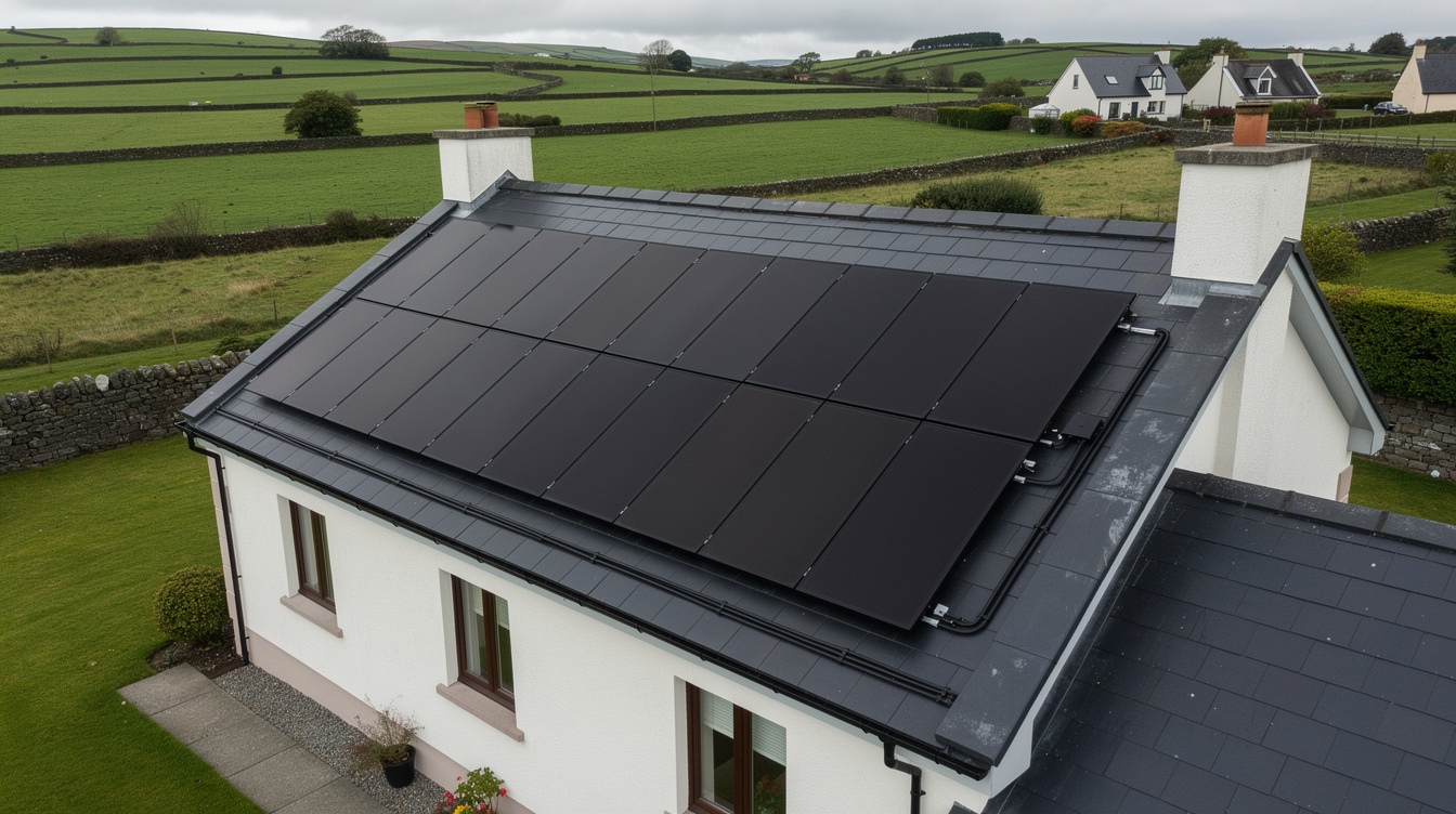 Aerial view of completed solar panel installation on Irish roof
