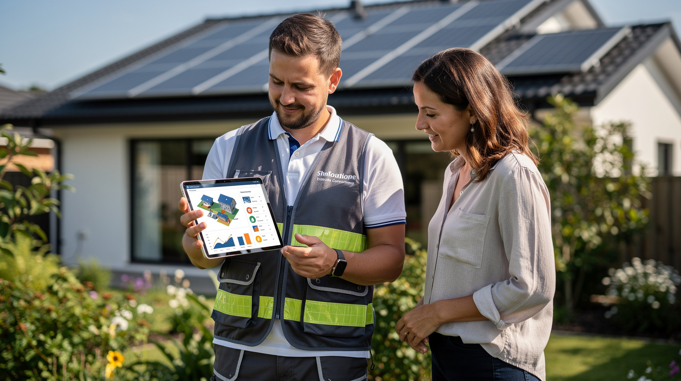 Solar installer showing system design to homeowner on tablet