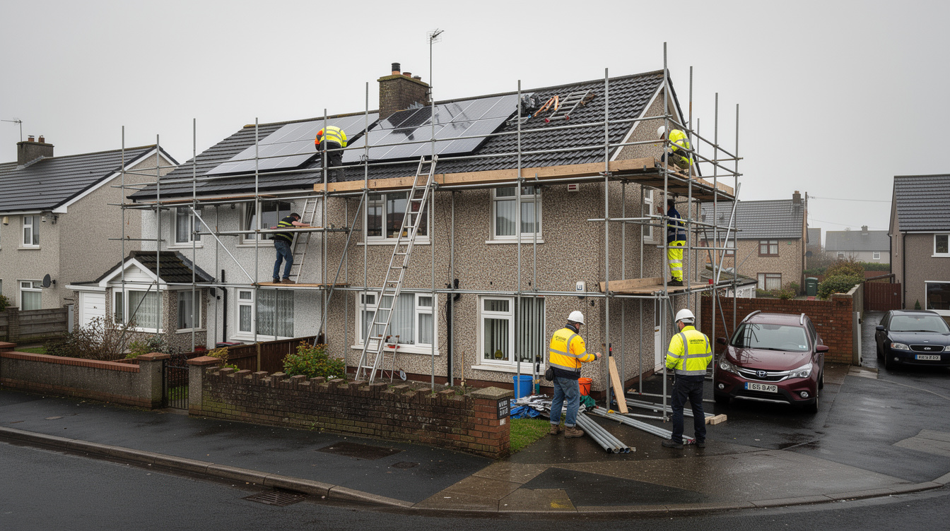 Scaffolding being erected on Irish house for solar installation