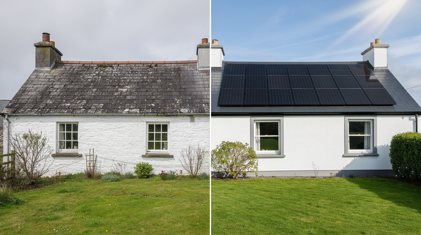 Before and after solar panel installation on Irish home