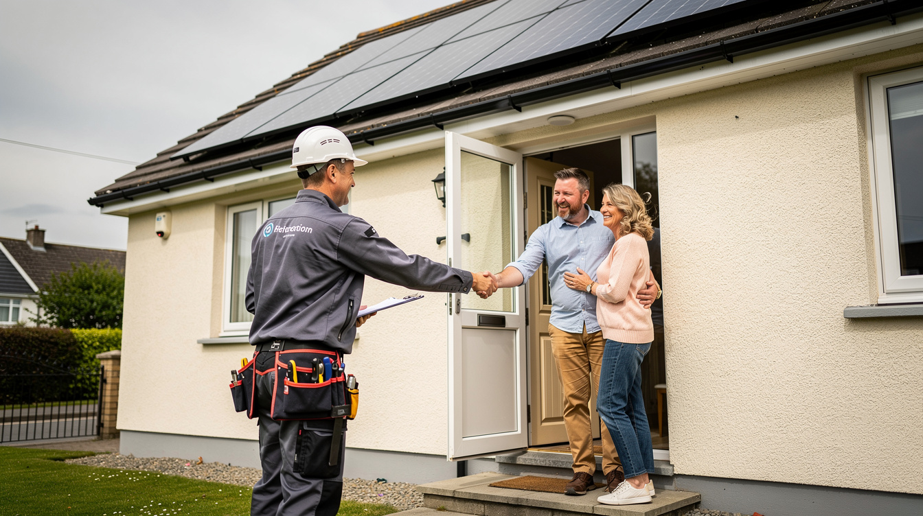 Solar installer shaking hands with happy Irish homeowner