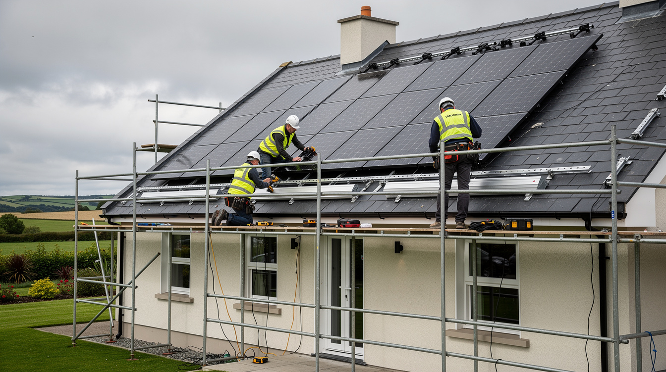 Solar installation team working on an Irish home roof