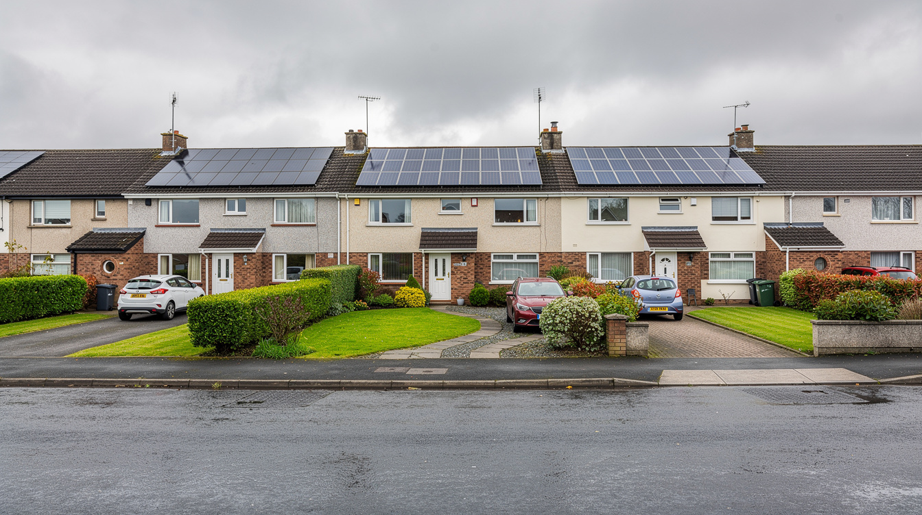Irish housing estate with multiple homes having solar panels