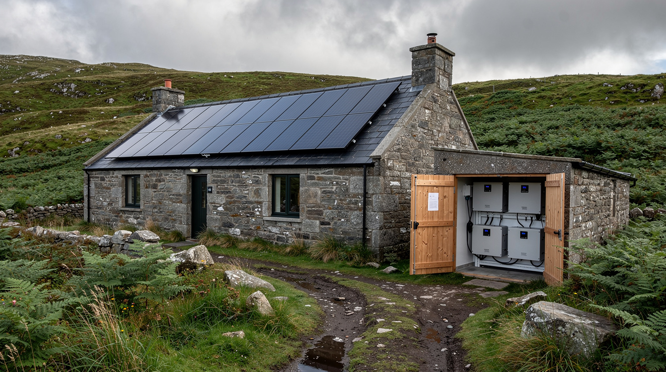 Remote Irish stone cottage with solar panels and no grid connection