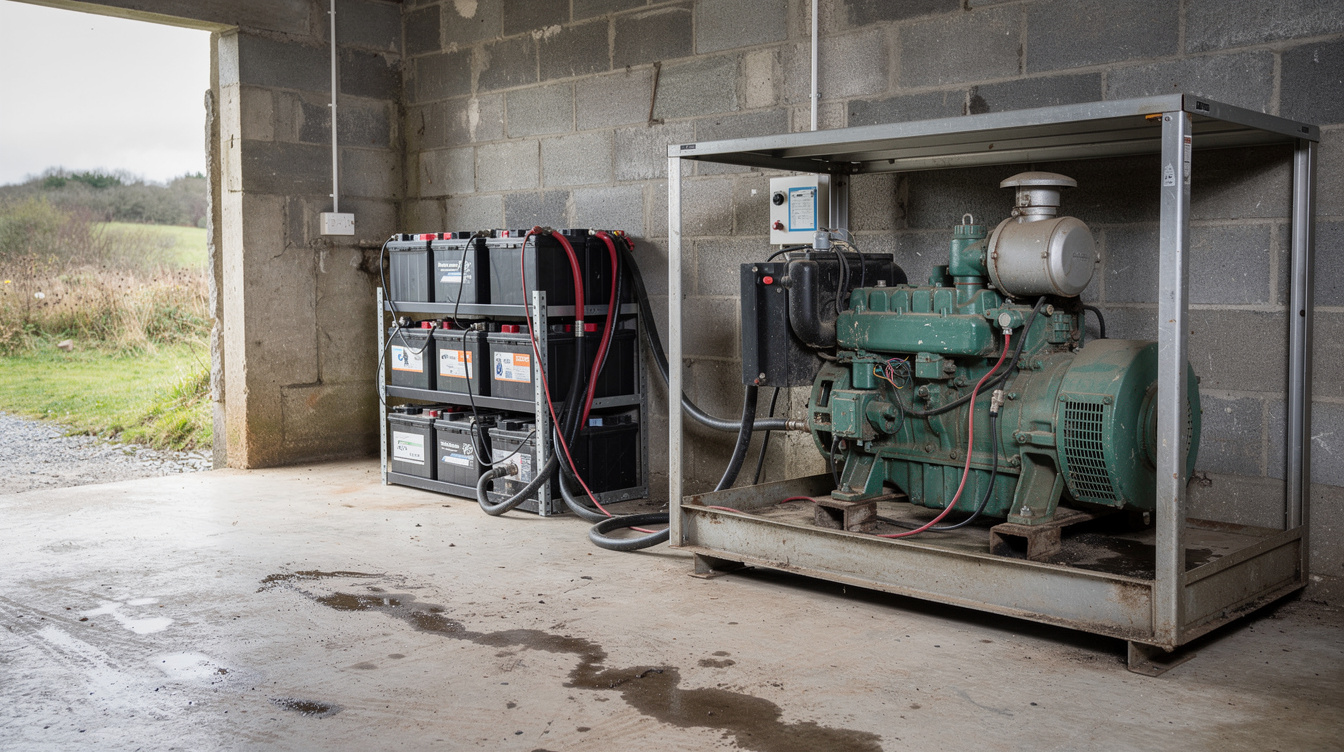 Diesel backup generator next to battery bank in rural Ireland