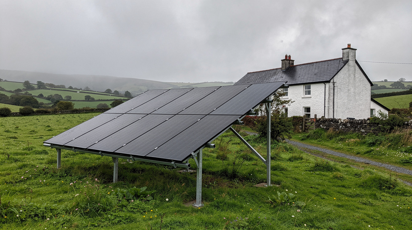 Ground-mounted solar panel array next to an Irish farmhouse