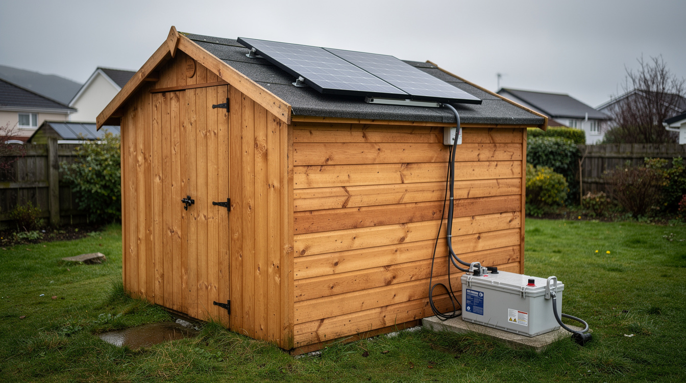 Garden shed with solar panel for off-grid power