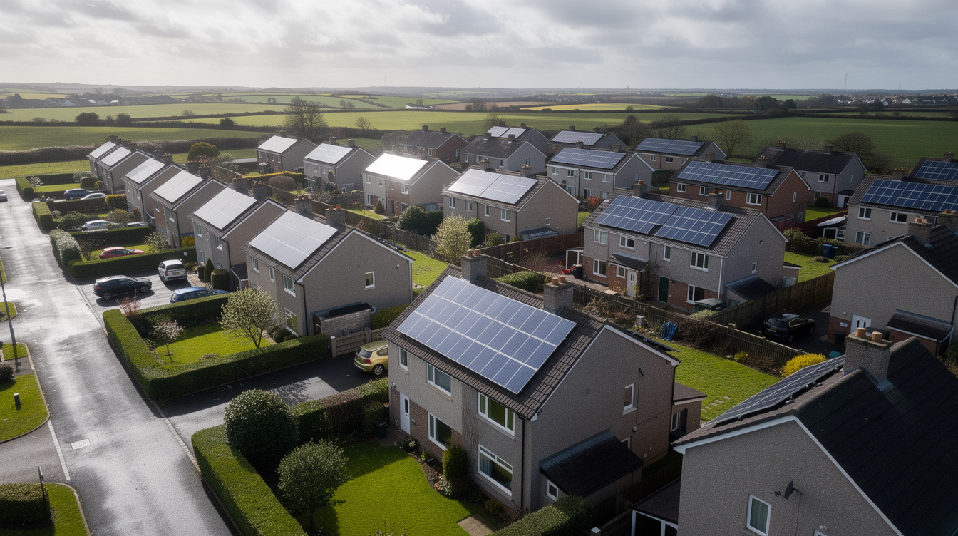 Irish houses with solar panels generating electricity on a cloudy day