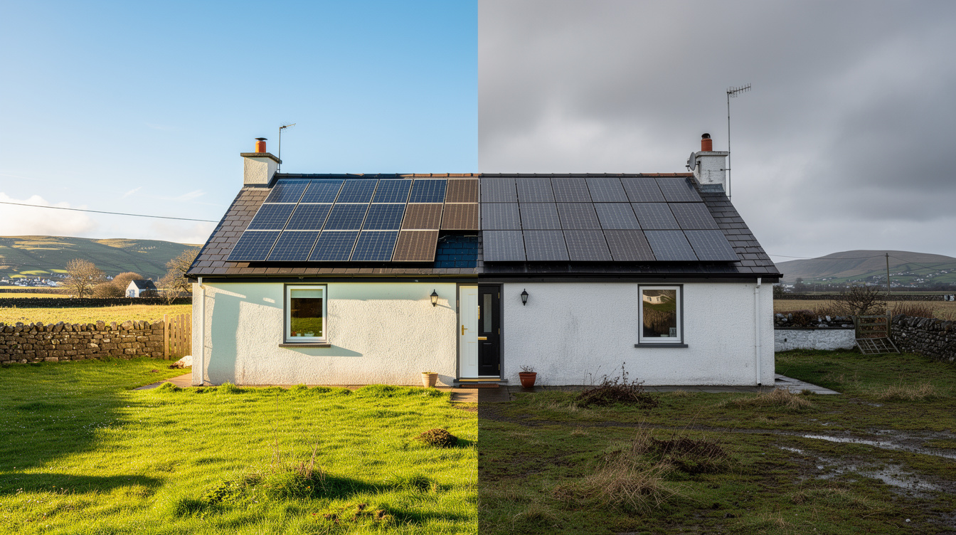 Summer versus winter sunlight comparison on an Irish house with solar panels