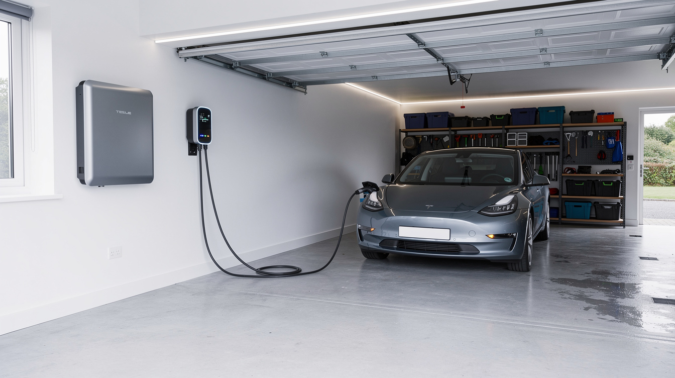 Irish garage with home battery system and EV charger