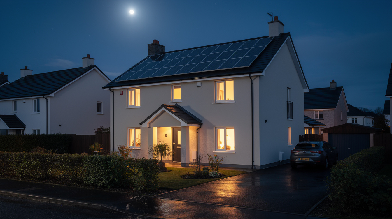 Irish home at night powered by solar battery storage