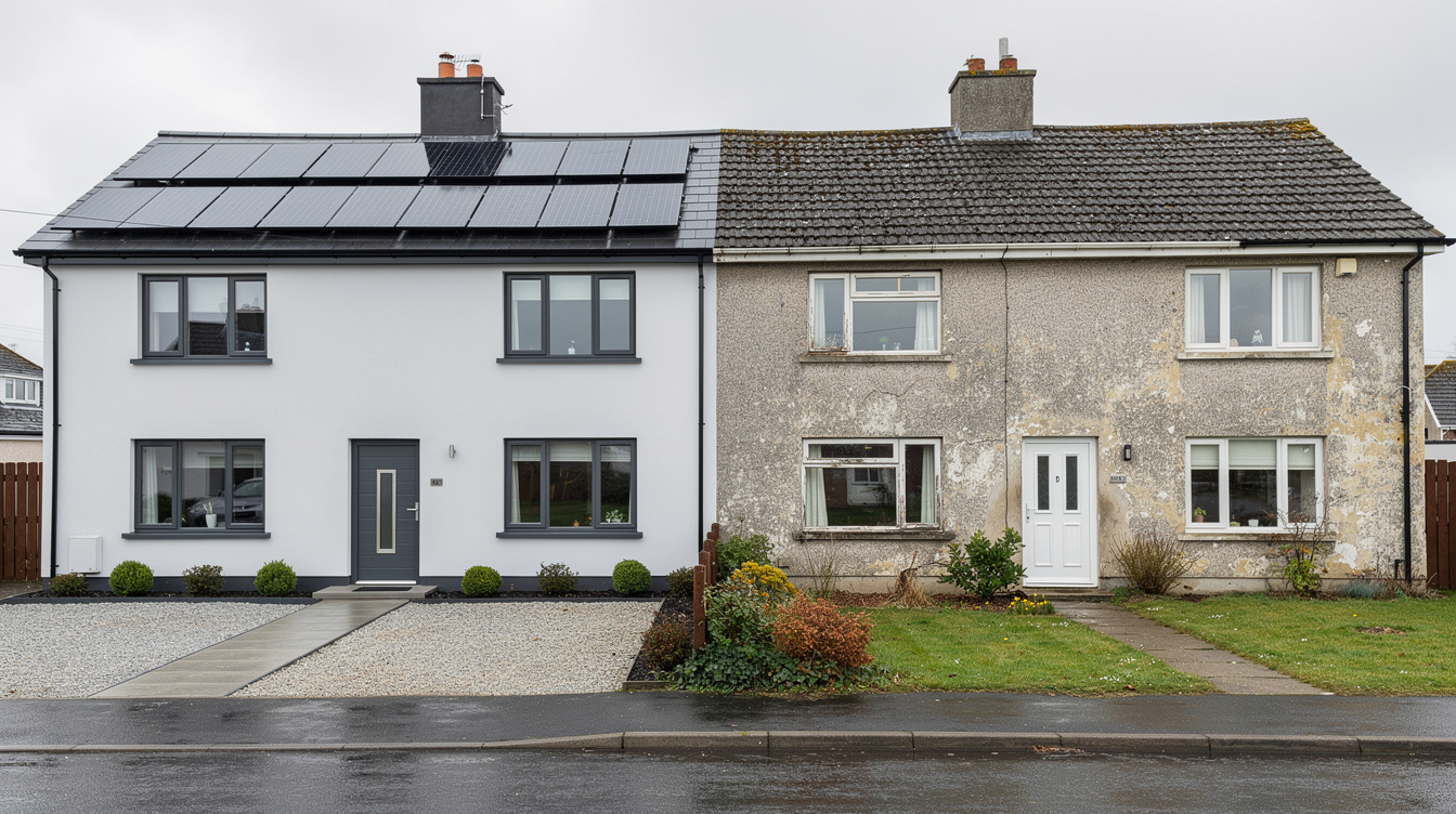 Two Irish houses side by side &mdash; one with solar panels, one without
