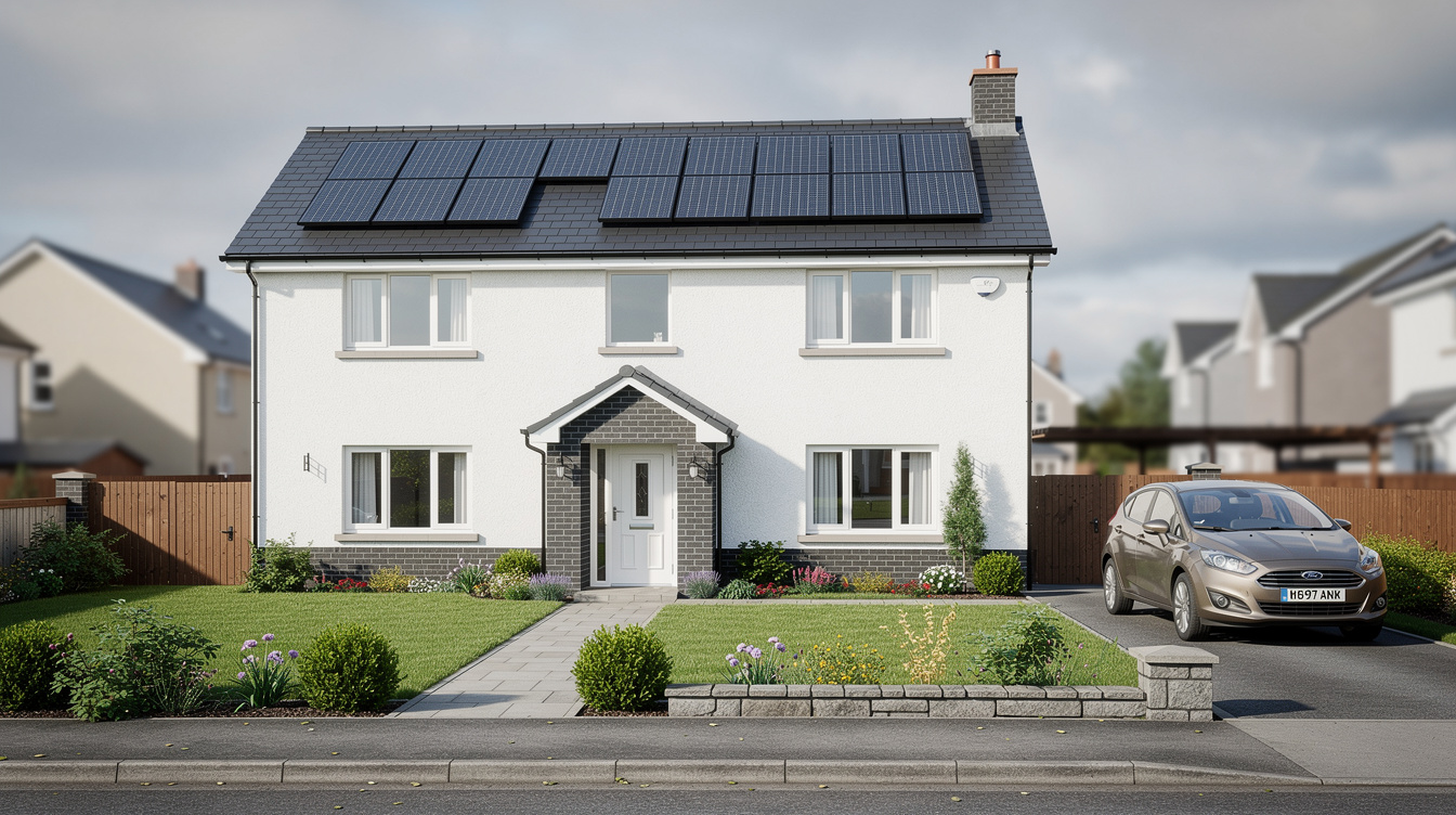 Solar panels on a modern Irish home with green countryside