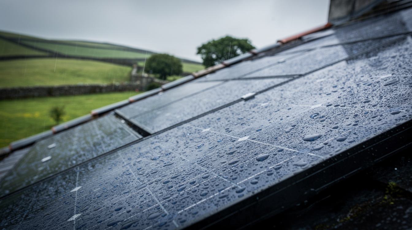 Solar panels working in Irish rain with water drops on surface